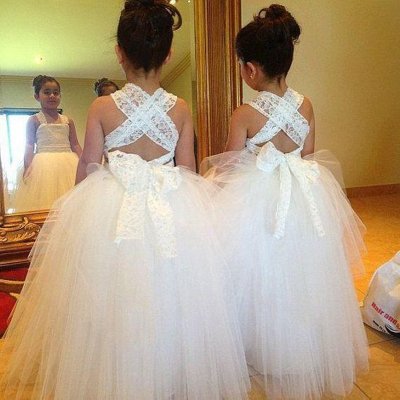Floor-Length White Flower Girl Dress with Lace Top Criss-Cross Straps Bowknot