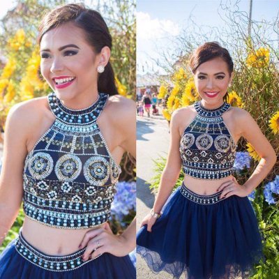 Chic 2 Piece Short Homecoming Dress - Navy/Royal Blue with Beading