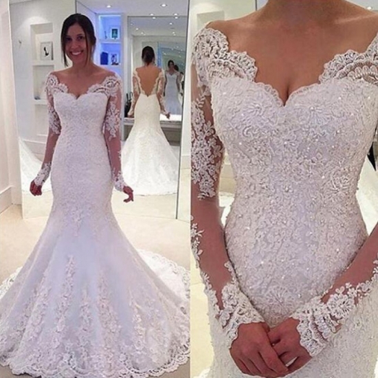 Timeless V-Neck Long Sleeves Sweep Train Mermaid Wedding Dress with Beading - Click Image to Close