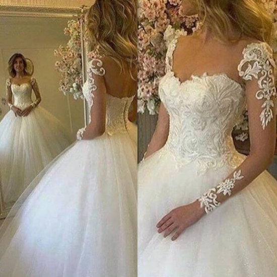 Chic Ball Gown Wedding Dress - V-Neck Long Sleeves Appliques Floor-Length - Click Image to Close