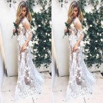 Sexy Lace Wedding Dress - Bateau 3/4 Sleeves Long Illusion