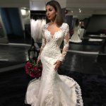 Glamorous Mermaid Long Lace Wedding Dress - Crew Neck Long Sleeves Illusion Back