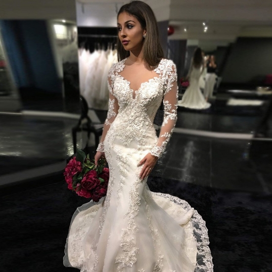 Glamorous Mermaid Long Lace Wedding Dress - Crew Neck Long Sleeves Illusion Back - Click Image to Close