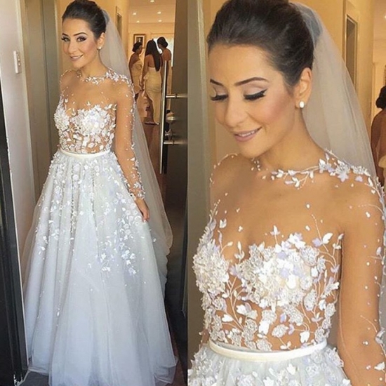 Modern A-line Wedding Dress - Jewel Long Sleeves Floor Length With Appliques - Click Image to Close