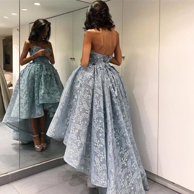 High Low Sweetheart Sleeveless Light Sky Blue Lace Prom Dress with Appliques