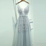 A-Line Scoop Backless Long Light Blue Tulle Prom Dress with Sash Appliques