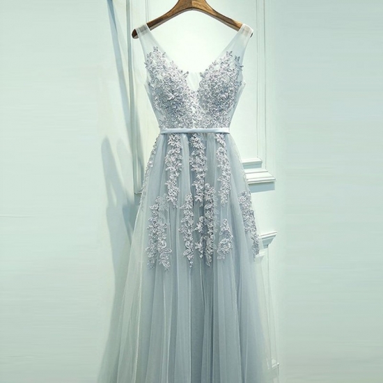 A-Line Scoop Backless Long Light Blue Tulle Prom Dress with Sash Appliques - Click Image to Close