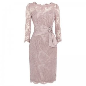 Sheath Scalloped-Edge 3/4 Sleeves Lace Mother of The Bride Dress with Beading
