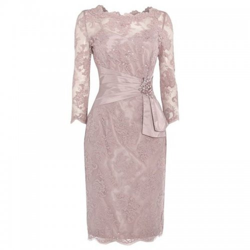 Sheath Scalloped-Edge 3/4 Sleeves Lace Mother of The Bride Dress with Beading