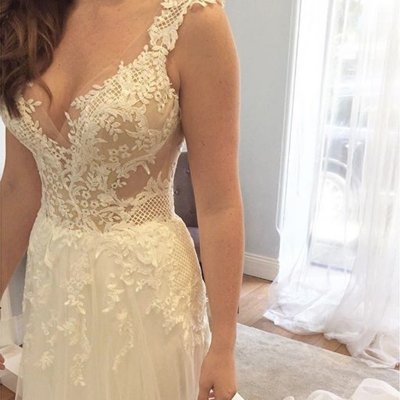 A-line V-neck Sweep Train Wedding Dress with Appliques