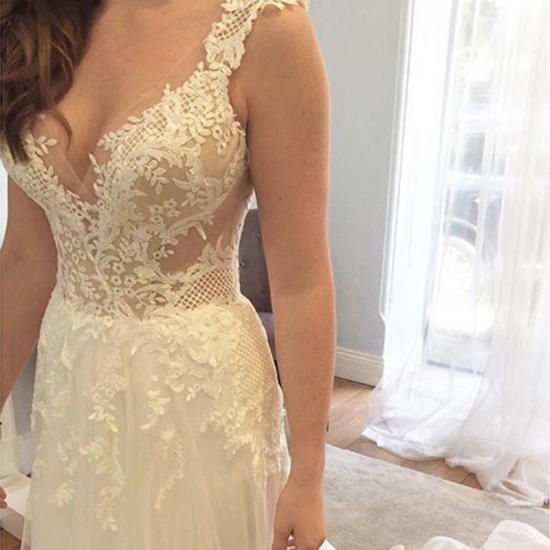 A-line V-neck Sweep Train Wedding Dress with Appliques - Click Image to Close