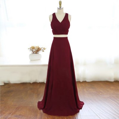 Two Piece V-Neck Criss-Cross Straps Long Burgundy Chiffon Prom Dress