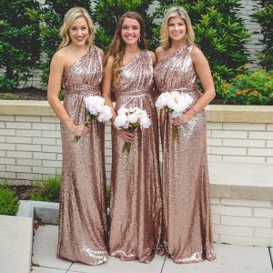 A-Line One Shoulder Long Rose Gold Sequined Bridesmaid Dress