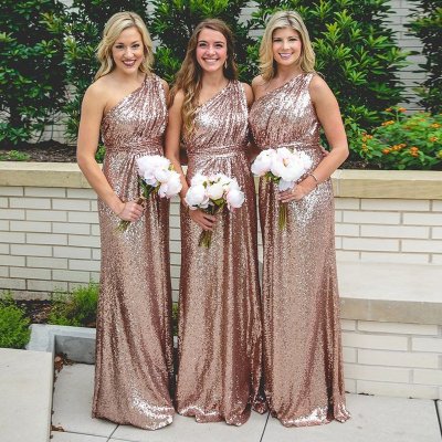 A-Line One Shoulder Long Rose Gold Sequined Bridesmaid Dress