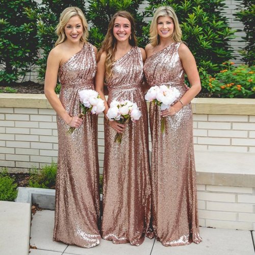 A-Line One Shoulder Long Rose Gold Sequined Bridesmaid Dress