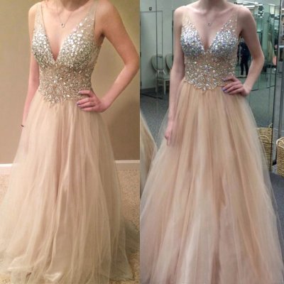 A-Line V-Neck Long Champagne Tulle Prom Dress with Beading Rhinestones