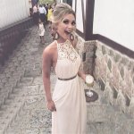 A-Line Halter Backless Long Ivory Chiffon Prom Dress with Sash Lace