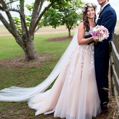 A-Line V-Neck Sweep Train Pearl Pink Tulle Wedding Dress with Beading Appliques