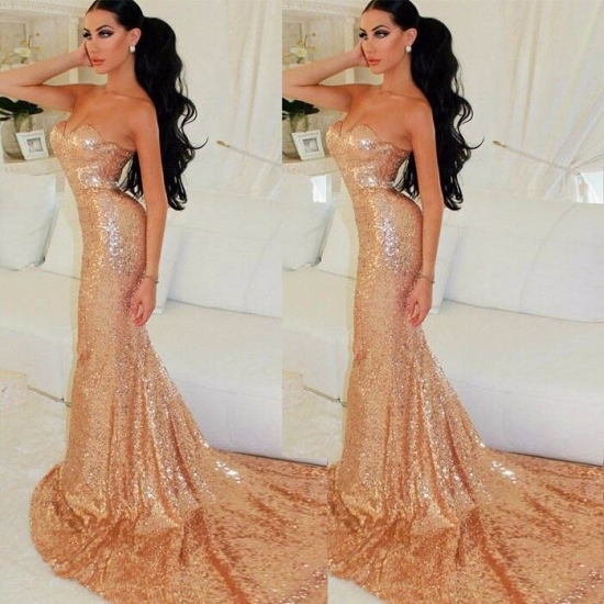 Mermaid Style Sweetheart Sweep Train Gold Sequined Prom Dress - Click Image to Close