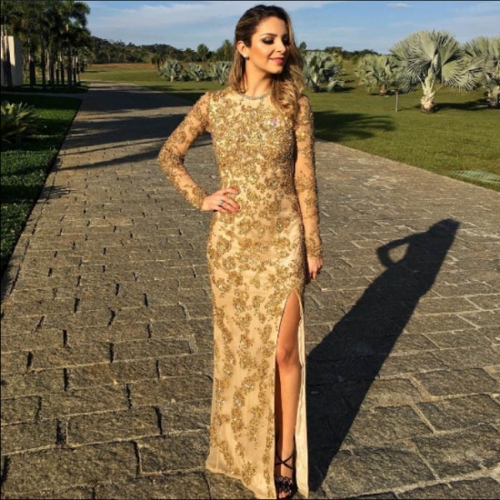 Sheath Jewel Long Sleeves Gold Chiffon Prom Dress with Beading Sequins - Click Image to Close