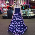 A-Line Strapless Navy Blue Floral Satin Prom Dress with Beading Lace