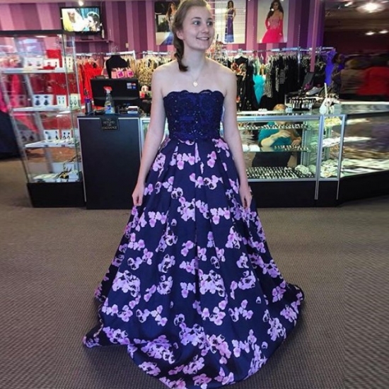 A-Line Strapless Navy Blue Floral Satin Prom Dress with Beading Lace - Click Image to Close