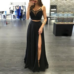 Two Piece Spaghetti Straps Black Chiffon Prom Dress with Slit