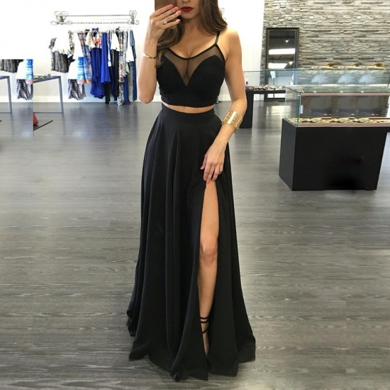 Two Piece Spaghetti Straps Black Chiffon Prom Dress with Slit - Click Image to Close