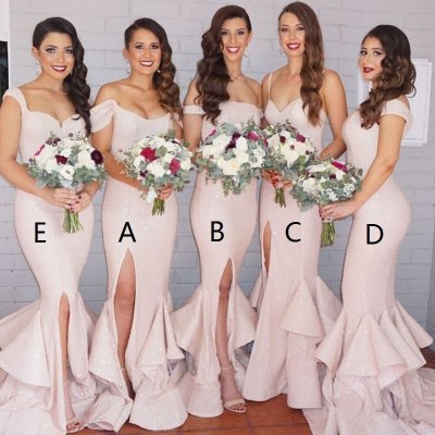 Mermaid Off-the-Shoulder Ivory Sequined Bridesmaid Dress with Split Ruffles