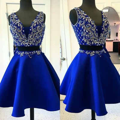 Two Piece Deep V-Neck Short Royan Blue Satin Homecoming Dress with Beading