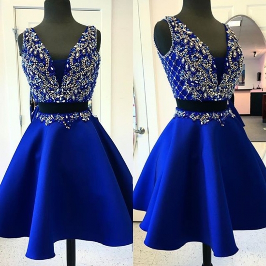 Two Piece Deep V-Neck Short Royan Blue Satin Homecoming Dress with Beading - Click Image to Close