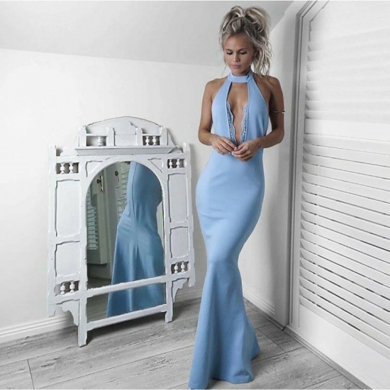 Mermaid Halter Keyhole Light Sky Blue Satin Prom Dress with Lace - Click Image to Close