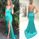 Sheath Deep V-Neck Sweep Train Elastic Satin Prom Dress with Split