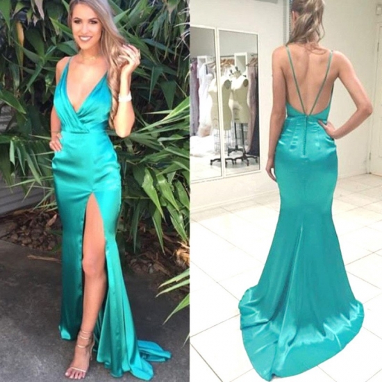 Sheath Deep V-Neck Sweep Train Elastic Satin Prom Dress with Split - Click Image to Close