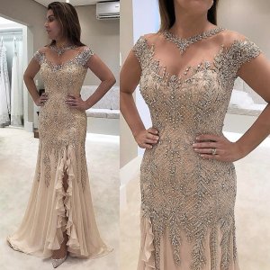 Sheath Round Neck Light Champagne Chiffon Prom Dress with Beading Split