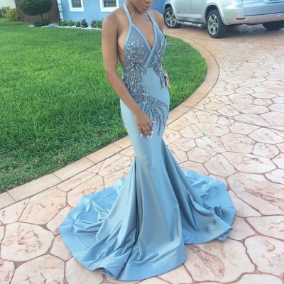 Mermaid Halter Sweep Train Light Sky Blue Prom Dress with Beading Sequins