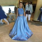 Two Piece Round Neck Light Sky Blue Open Back Prom Dress with Beading Pockets