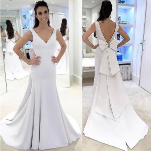 Sheath V-Neck Sweep Train Backless Ivory Satin Wedding Dress with Bowknot