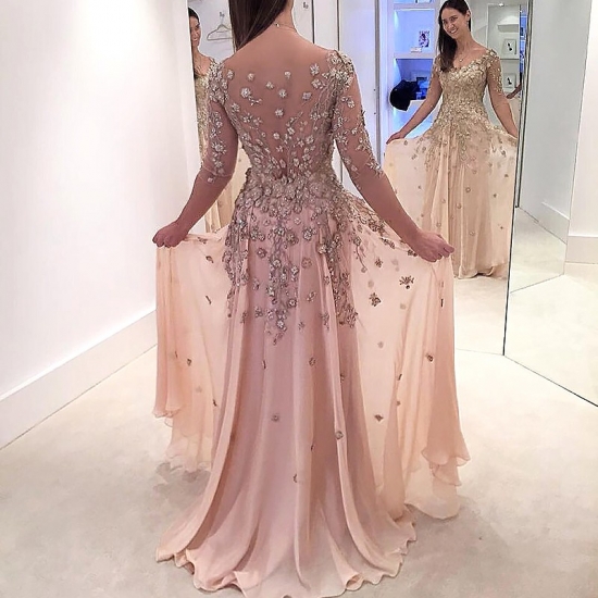 A-Line Illusion Bateau Half Sleeves Pearl Pink Chiffon Prom Dress with Appliques - Click Image to Close