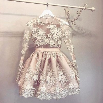 A-Line Round Neck Short Light Champagne Homecoming Dress with Appliques Sleeves