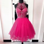 A-Line Round Neck Short Rose Pink Tulle Homecoming Dress with Beading