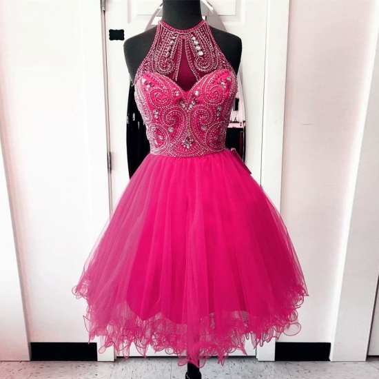 A-Line Round Neck Short Rose Pink Tulle Homecoming Dress with Beading - Click Image to Close