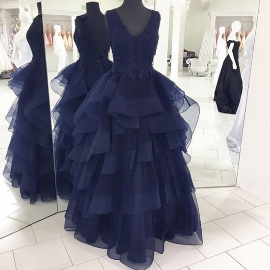 A-Line V-Neck Backless Dark Blue Tulle Prom Dress with Appliques Beading - Click Image to Close