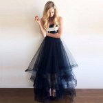 High Low Strapless Tiered Navy Blue Sleeveless Tulle Prom Dress