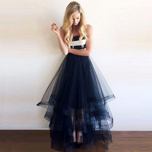 High Low Strapless Tiered Navy Blue Sleeveless Tulle Prom Dress