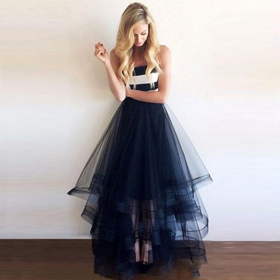 High Low Strapless Tiered Navy Blue Sleeveless Tulle Prom Dress - Click Image to Close