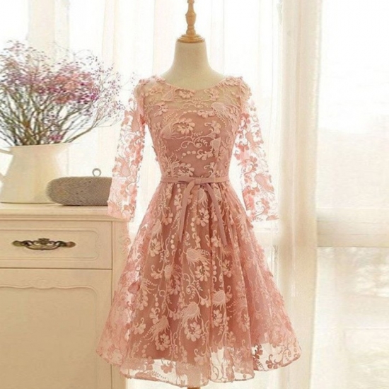 A-Line Bateau 3/4 Sleeves Short Pink Lace Homecoming Dress with Sash - Click Image to Close
