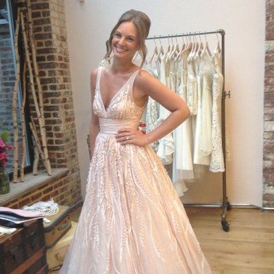 A-Line Deep V-Neck Light Pink Wedding Dress with Appliques