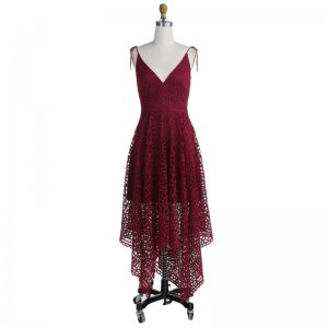 A-Line Asymmetrical Spaghetti Straps Burgundy Lace Bridesmaid Dress