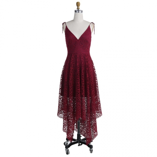 A-Line Asymmetrical Spaghetti Straps Burgundy Lace Bridesmaid Dress - Click Image to Close